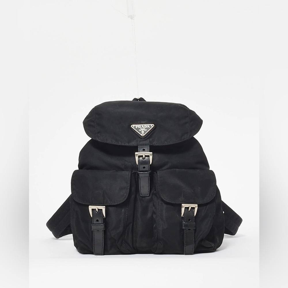Black Tessuto Nylon Double Pocket Buckle Small Backpack